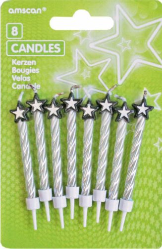 Silver Spiral Stars Cake Candle Set 8  Pieces