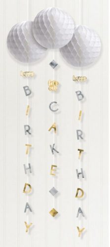 silver, Gold Happy Birthday hanging decoration 3 pcs set