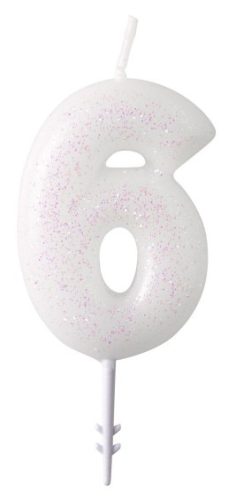 White, White glittery candle 6 in 6,5 cm
