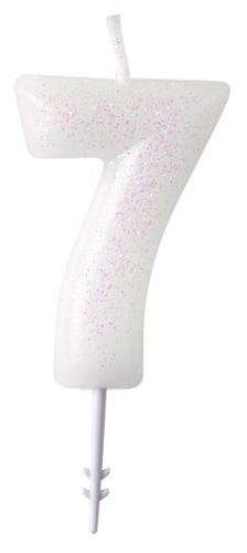 White, White glittery candle 7 es 6,5 cm