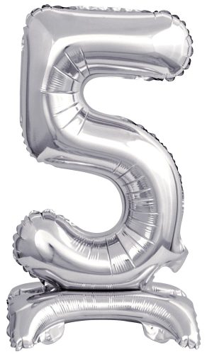 silver, silver mini Number 5 foil balloon with base 38 cm