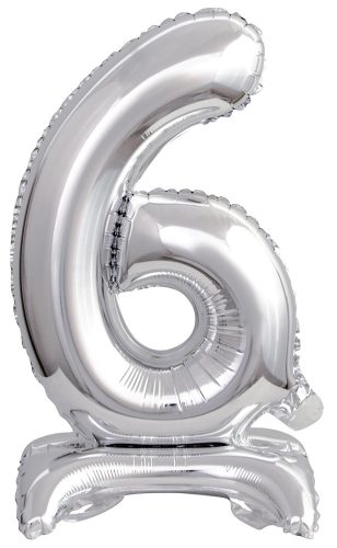 silver, silver mini Number 6 foil balloon with base 38 cm