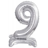   Number Silver, Silver mini number 9 foil balloon with base 38 cm