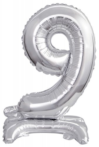 silver, silver mini Number 9 foil balloon with base 38 cm