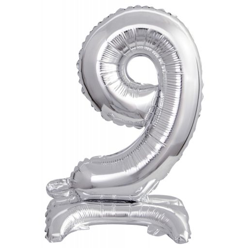 Number Silver, Silver mini number 9 foil balloon with base 38 cm