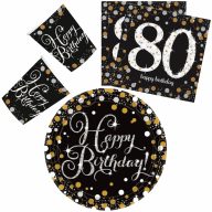   Happy Birthday Gold Happy Birthday 80 party set with 32 pieces and 23 cm plates