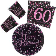   Happy Birthday Pink Happy Birthday 60 party set with 32 pieces and 23 cm plates