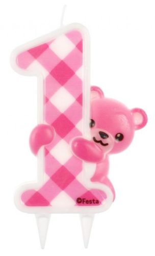 First Birthday Pink Teddy glittery cake candle