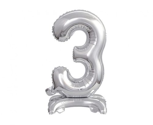 Silver B&C Silver mini Number 3 foil balloon with base 38 cm