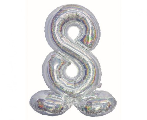 Holographic Silver, Silver Number 8 foil balloon with base 72 cm