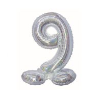  Number Holographic Silver, Silver number 9 foil balloon with base 72 cm