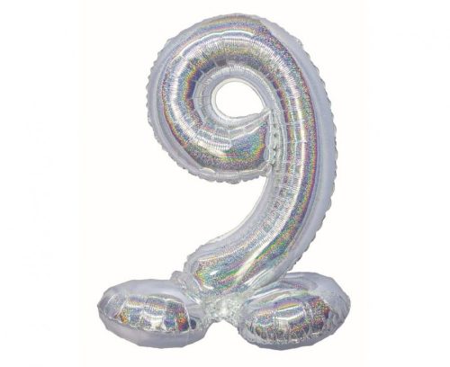 Holographic Silver, Silver Number 9 foil balloon with base 72 cm