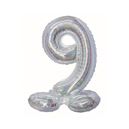 Number Holographic Silver, Silver number 9 foil balloon with base 72 cm