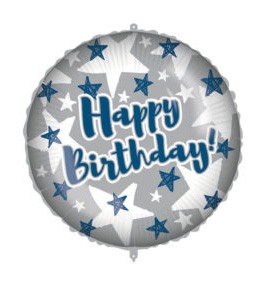 Happy Birthday blue Silver Stars foil balloon 46 cm