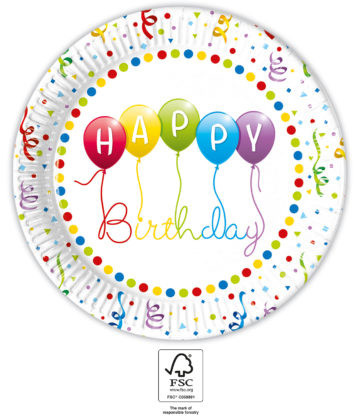 Happy Birthday Streamers paper plate 8 pcs 23 cm FSC