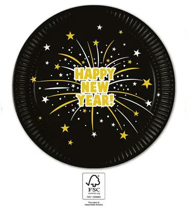 Happy New Year Flares Paper Plate (8 pieces) 23 cm FSC