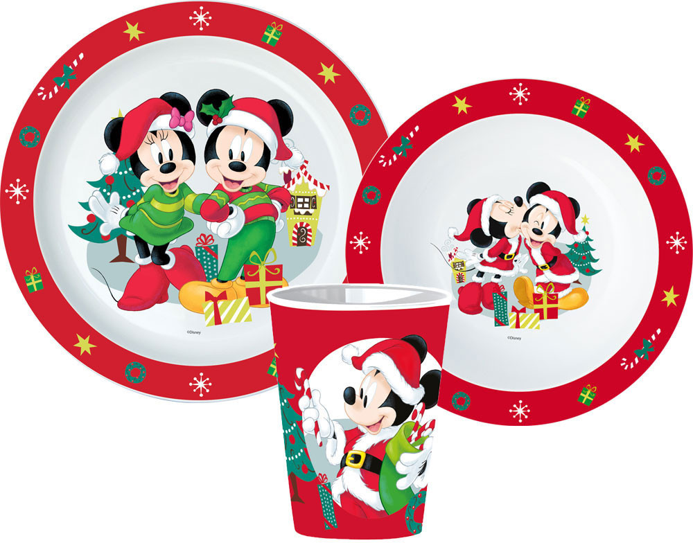 Disney Mickey Mouse Christmas Red Dinnerware Set 5, Plate,Bowl,Cup, Fork &  Sppon